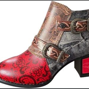 Stylish Red and Brown Women's Ankle Boots embossed with floral patterns size 8.5